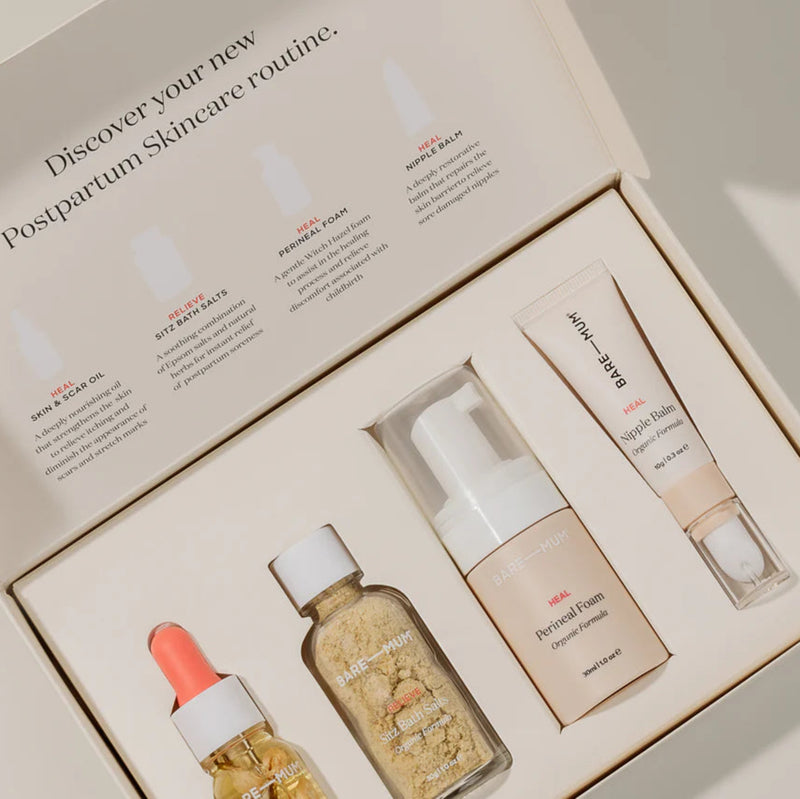 Bare Mum Postpartum Care set inside a gift box for new mums on a light background