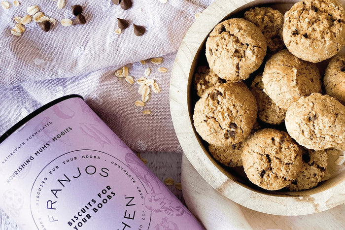 Franjos Kitchen Choc Chip Lactation Cookies in a bowl next to product packaging