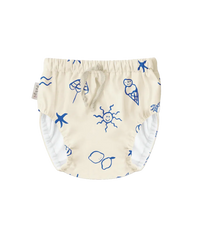 White reusable swim nappy with blue ocean-themed illustrations
