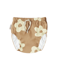 Brown reusable swim nappy with white floral pattern by Pekpi