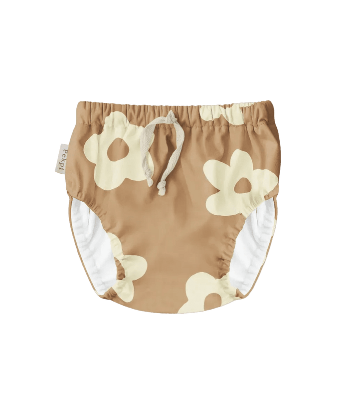 Brown reusable swim nappy with white floral pattern by Pekpi