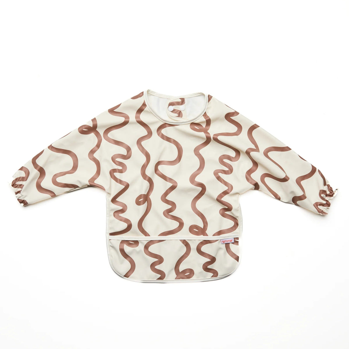 Rommer smock bib with brown wavy pattern on a white background