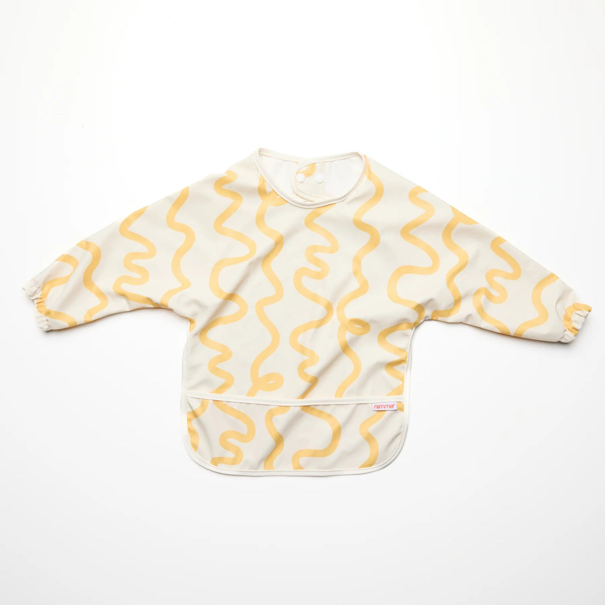Rommer smock bib with yellow wavy pattern on a white background