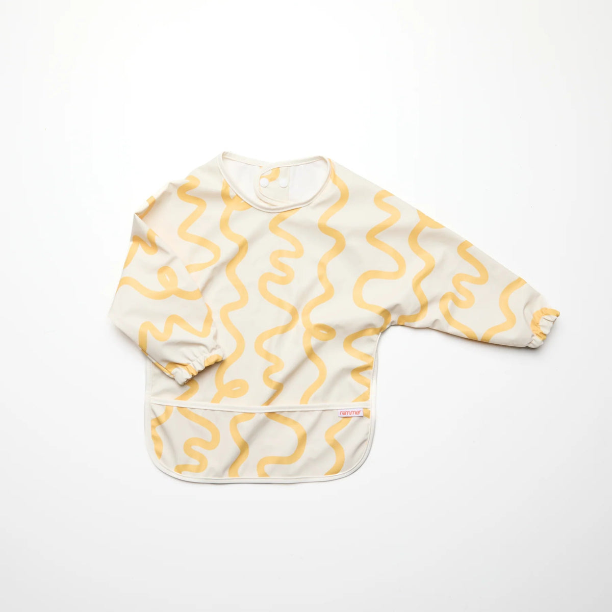 Rommer smock bib with yellow wavy pattern on a white background